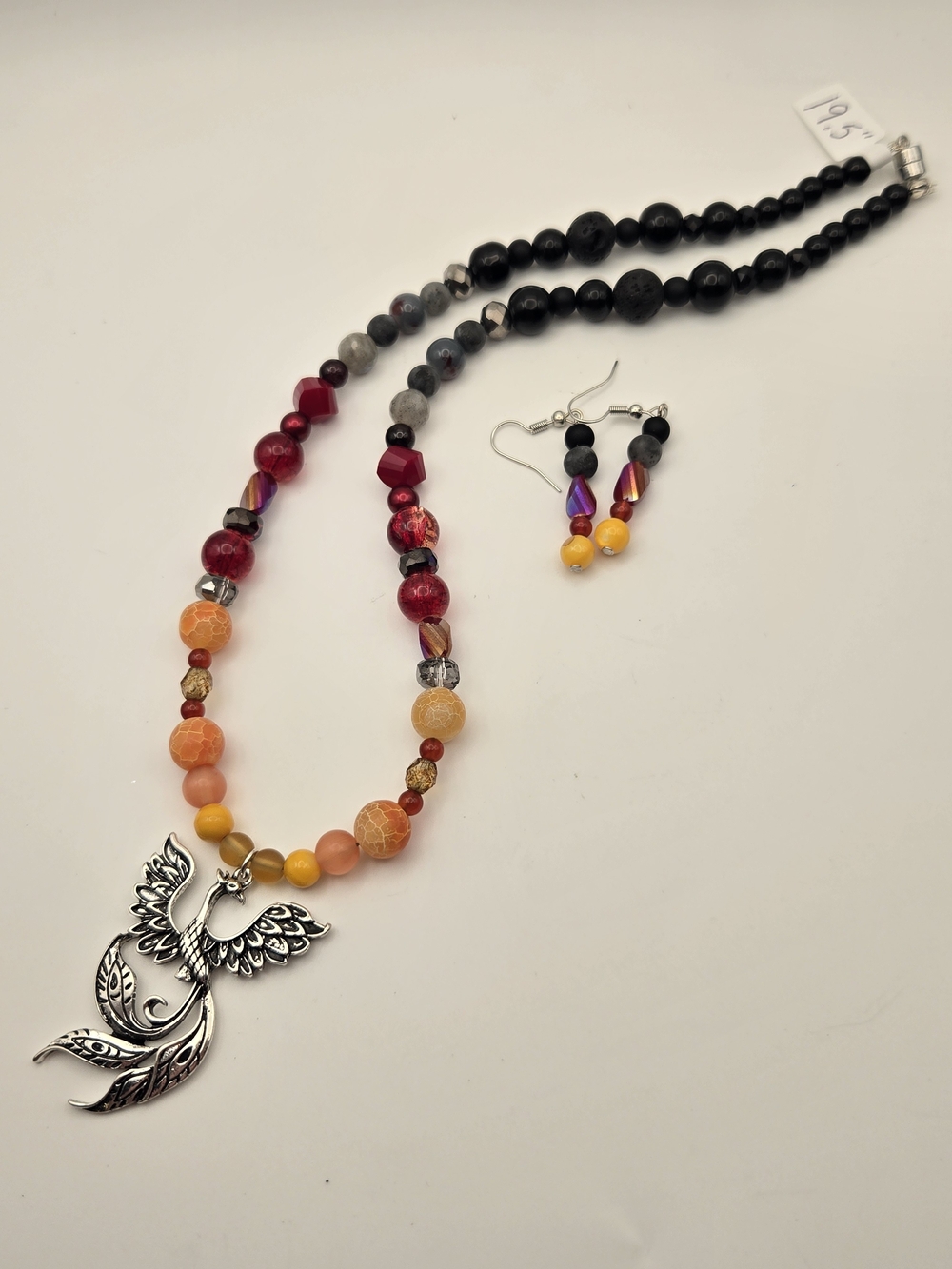Handmade Orange & Red Beaded Necklace with Phoenix Pendant - Picture 4 of 4